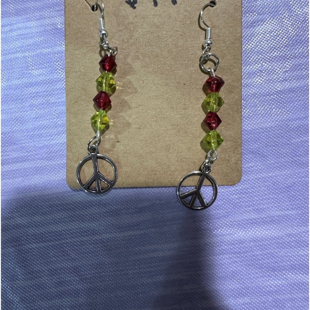 Tibetan Silver Peace Sign Earrings Red & Green Glass Beads Boho Dangle Jewelry